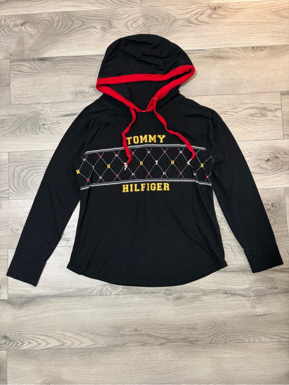 Tommy Hilfiger Black Long Sleeve Hoodie with Red Trim and Yellow Logo
